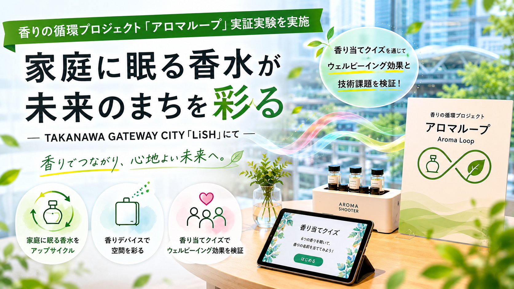 【実施報告】TAKANAWA GATEWAY CITY「LiSH」にて香りの循環プロジェクト「アロマループ」の実証実験を実施―家庭に眠る香水が未来のまちを彩る― 香り当てクイズを通じたウェルビーイング効果と技術課題を検証